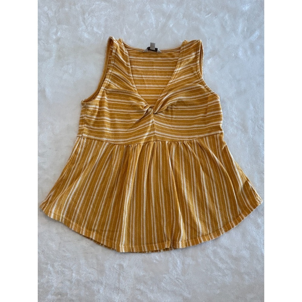 Lucky Brand Knot Front Tank Top Womens S Mustard Yellow Striped V Neck Round Hem